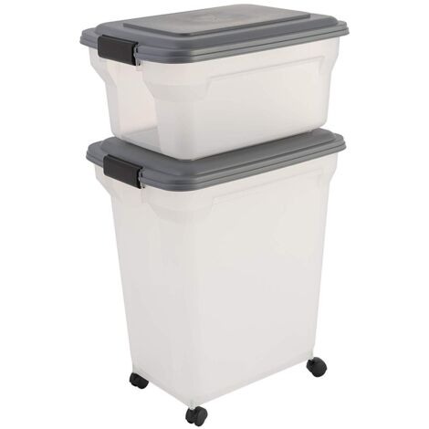 Iris Ohyama, 2 boites croquette 20&45L  pr 7.5&15kg, Hermétique Hermétique, Transparent pelle et roues incluses pour chien & chat - Air Tight Food ContainerATS-C, Gris