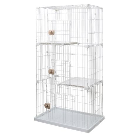 Iris Ohyama, Pet Cage / Cage de jeu 3 niveaux 3 entrées, 2 Plateaux pour chats - Pet Cage PEC-903, Blanc