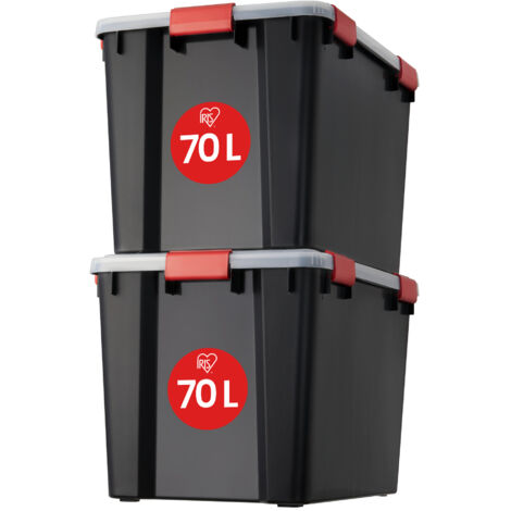 Iris Ohyama, Lot de 2 Boîtes de Rangement, Hermétiques, 70 L, avec clips, empilable , garage, cave, grenier - Air Tight Box AT-LD - Noir