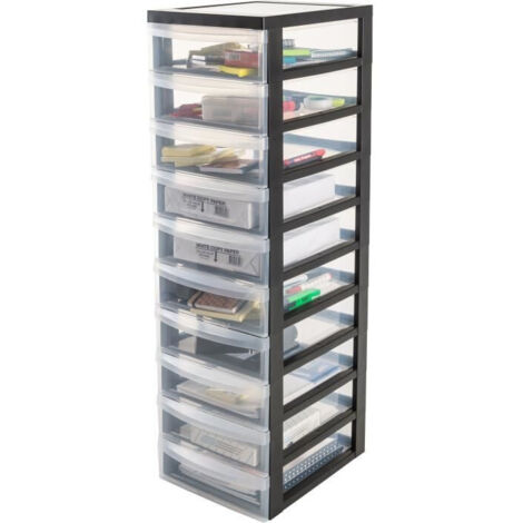 Iris Ohyama, Tour de rangement plastique sur roulettes A4, 10 Petits Tiroirs, Noir, BC-010