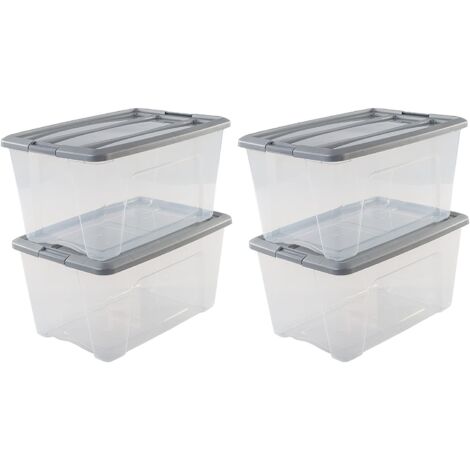 Iris Ohyama, Lot de 4 boîtes de rangement, 45 L, avec clips, empilable - NTB-45 - L58 x l39.5 x H30.5 cm, Gris / Transparent