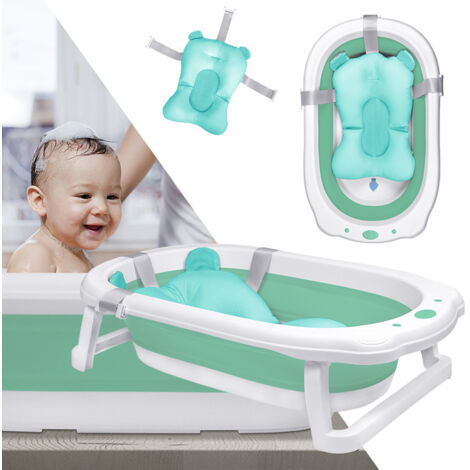 AUFUN Baignoire Bébé Pliable Baignoire Bébé Ergonomique avec Pieds Antidérapants pour Bébés, Baignoire Pliable (Vert, avec Oreiller )
