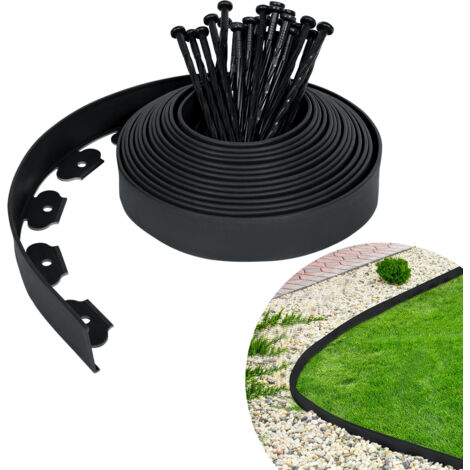 AUFUN Bordure de pelouse Flexible en Plastique 10mx5cm avec 30 ancrages au Sol pour l'ancrage, système de barrière Anti-Racines de Bordure de lit (10 m, Noir) (1/5)