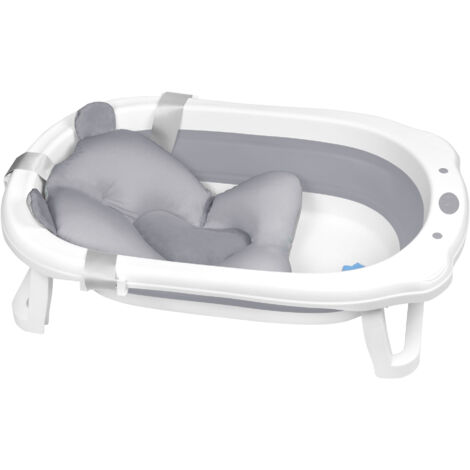 AUFUN Baignoire bébé pliable, baignoire bébé ergonomique avec pieds antidérapants pour bébés et nouveau-nés, avec coussin de siège de bain, baignoire pliante, peu encombrante (Gris + Coussin de bain)