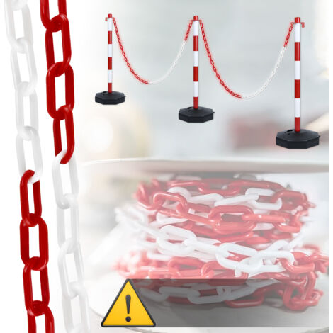 AUFUN Chaîne de barrière de 25 m en plastique rouge/blanc, épaisseur 6 mm, idéale pour sécuriser des zones, très visible, stable et maniable, pour places de stationnement (1/3)