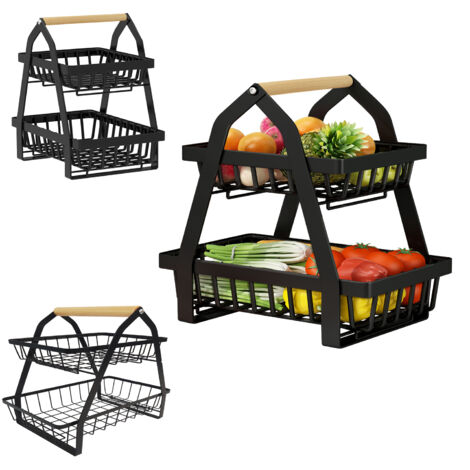 AUFUN Corbeille à fruits Rack, 2 tier Fruit Etagère, Support amovible pour fruits Cuisine Corbeille de rangement pour cuisine Stockage fruits(Noir) (1/5)
