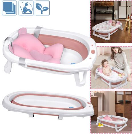 AUFUN Baignoire Bébé Pliable Baignoire Bébé Ergonomique avec Pieds Antidérapants pour Bébés, Baignoire Pliable (Rose, avec Oreiller )