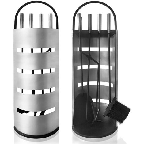 Naizy – Serviteur de cheminée 5 pièces en acier inoxydable argenté – Support antidérapant – Dimensions 23x15x67cm – Outils de cheminée inclus