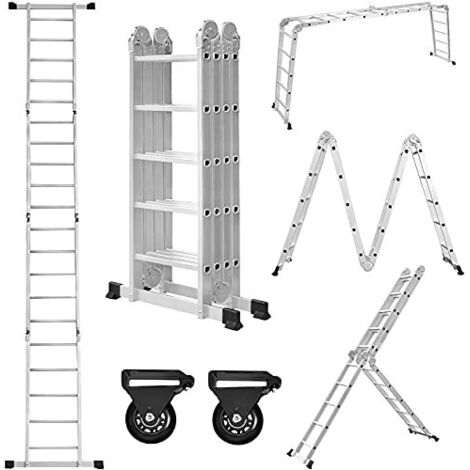 Naizy – Échelle télescopique 550 cm 6 en 1 – Aluminium antirouille – Charge max 150 kg – 20 échelons – Pliable avec roulettes et plateforme