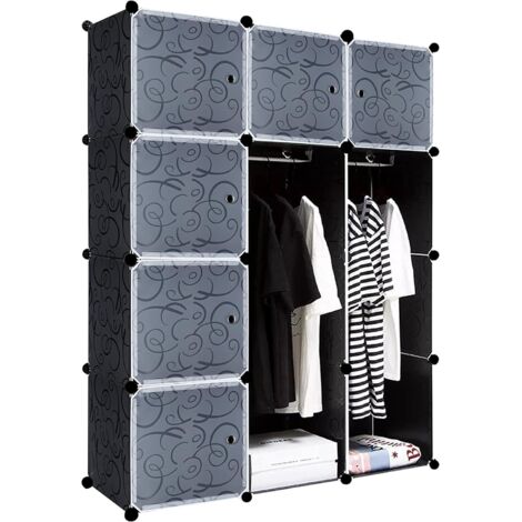 Naizy – Armoire en plastique à monter soi-même – 12 cubes imperméables 35x35cm – Système d'étagères enfichables avec porte penderie – Noir