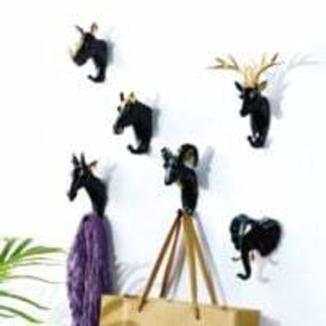 6 Stück Kleiderhaken Wandgarderobe Tierkopf Hirsch Elefant Ziege Dekorative Haken Kreatives Harz Retro Vintage Türhaken für Eingang Schlafzimmer Badezimmer, Schwarz Gold