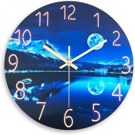 Blaue Wanduhr für Schlafzimmer, 12 Zoll, Naturlandschaft, rund, analog, batteriebetrieben, Mond-Wanduhr, tickt nicht, 30 cm