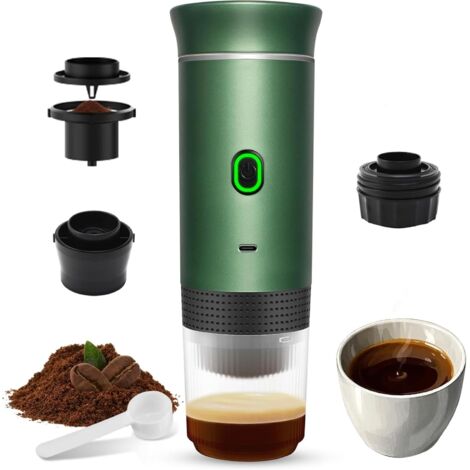 Tragbare Espressomaschine, 12 V wiederaufladbar, 15 bar Druck, 4–6 Minuten schnelles Aufheizen, kompatibel mit kleinen/großen Kapseln und gemahlenem Kaffee, für Camping, Büro, Reisen (grün) (1/5)