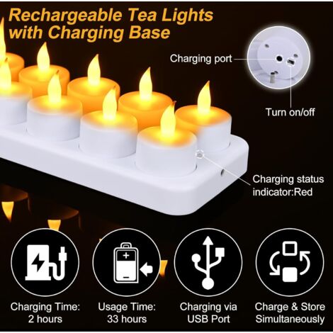 Yme 12er Set Aufladbare LED-Teelichter Mit Ladestation – Timer, Fernbedienung, Flackernd, Für Deko Zu Halloween & Weihnachten LED Teelichter Mit Timer