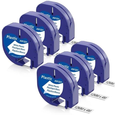 6 x kompatibles Dymo-Farbband, 12 mm x 4 m, für Dymo Letratag XR LT-100H LT-100T Letratag 200B-Etikettiergerät, Nachfüllpackung für Dymo Letratag Rruban-Kunststoff, Schwarz auf Weiß (1/4)