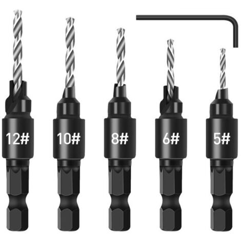 5-teiliges Fasenbohrer-Set, verstellbarer 1/4-Zoll-Schaft-Schnellwechsel, mit Sechskantschlüssel, Bohrer-Set für die Holzbearbeitung (1/4)