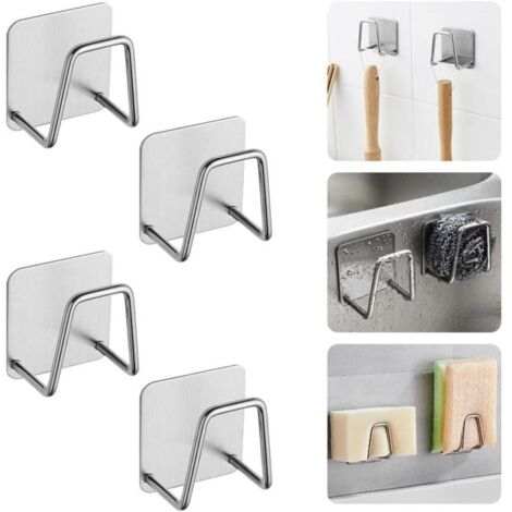 4 Stück selbstklebender Schwammhalter aus Edelstahl, 5 x 5 x 3,2 cm, Haken für Küchenspüle, selbstklebend, schwarzer Schwammhalter aus Edelstahl für Schwammbürste (1/4)
