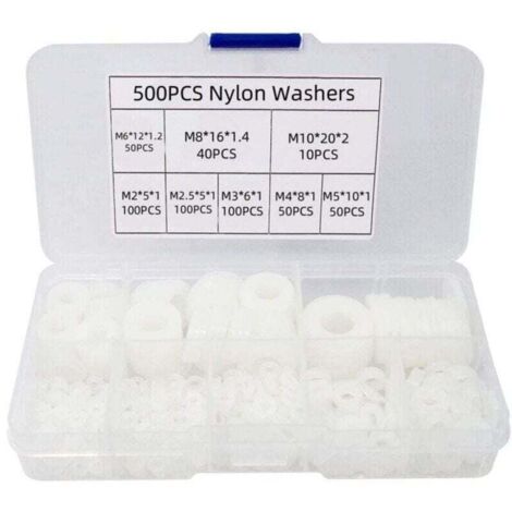 500-teiliges Nylon-Flachscheiben-Sortiment, XU, isolierte Flachscheiben, Runddichtungen, Dichtungssätze, Rohrsortiment – M2/M2,5/M3/M4/M5/M6/M8/M10 (Weiß) – KZQ (1/4)