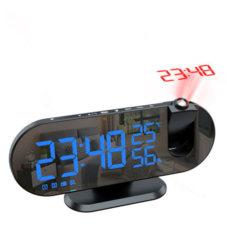 Projektorwecker mit Radio, Digitaluhr, USB-Weckerradio mit Dual-Alarm und LED-Spiegelbildschirm, Schlummerfunktion, 180° schwenkbar, 4 Helligkeitsstufen, 12/24 Stunden, Schlafzimmer, Büro