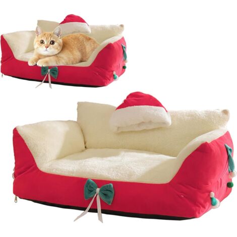 Katzenbett 60x40x30cm Weihnachtssofa, verstellbar mit Plüsch-Weihnachtsmannmütze, bequem, rutschfest, waschbar für Welpen und Kätzchen, Rot - ANDERE