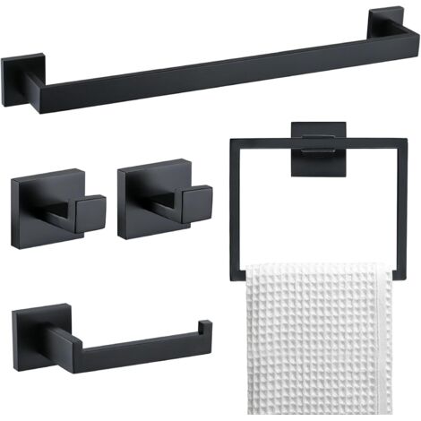 5-teiliges Badezimmer-Set, 60 cm, mattschwarz, Handtuchhalter und Wandringe, Edelstahl-Zubehör - SONSTIGES