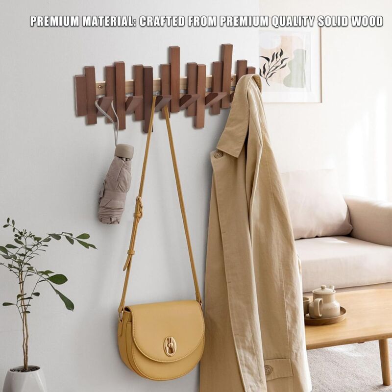 Appendiabiti Da Parete In Legno Con 8 Ganci Ribaltabili – Stile Rustico Salvaspazio, 42x17 Cm, Capacità 15 Kg, Per Ingresso E Corridoio - 2