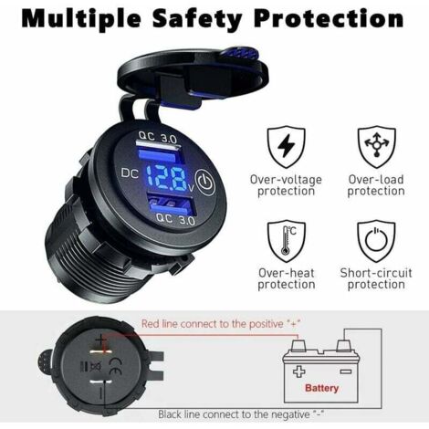 YGL Caricabatterie Moto Impermeabile IP65 - Doppia USB QC3.0 36W + Presa Accendisigari 12V/24V Con Interruttore Touch E LED Per Moto, Camper, Barca - 2
