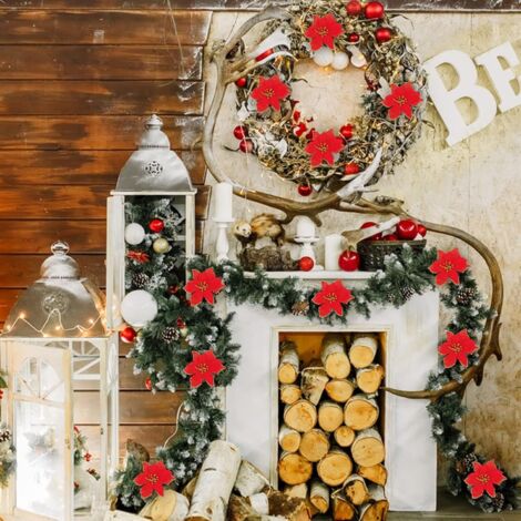 6 Fiori Di Magnolia Artificiali Glitterati Per Natale, Testa 24 Cm Con Stelo, Rossi, Per Albero, Ghirlande E Decorazioni Fai Da Te - 3