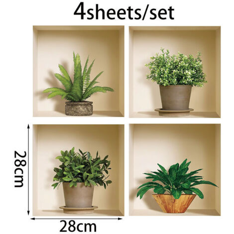 Lekabee Adesivo murale 3D piante verdi, 3 pezzi 3D vasi fiori adesivi murali decalcomanie per soggiorno camera da letto cucina decorazione, adesivi 3D fiori rossi