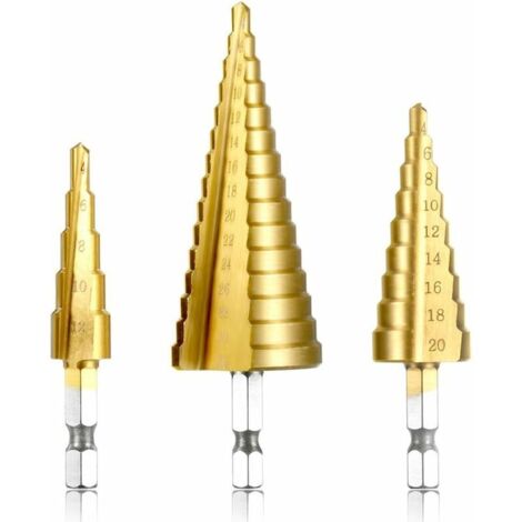 Juego de 3 brocas avellanadas escalonadas HSS para taladrar en acero, acero inoxidable, metal y madera, con vástago hexagonal y recubrimiento de titanio, tamaños 4-12/20/32 mm. (1/5)