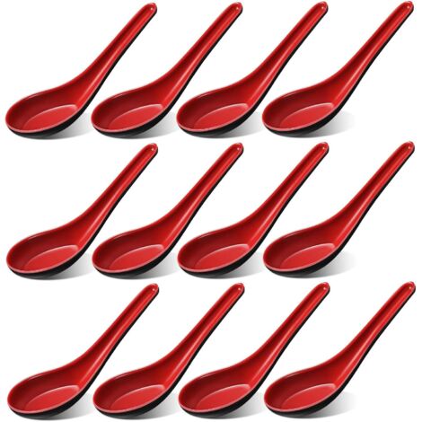12 cucharas de sopa asiáticas, cucharas de arroz de melamina, cucharas de sopa de fideos, cucharas de sopa asiáticas, japonesas y chinas, rojas y negras para el hogar y la cocina. (1/5)