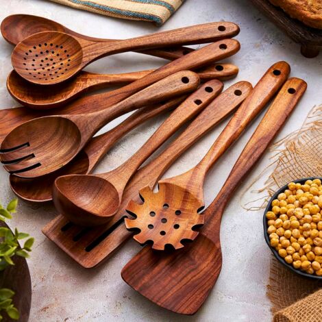 Utensilios de cocina de madera - Juego de cocina premium de 10 piezas - Fácil de limpiar - Material ligero, resistente al calor, duradero y resistente a los arañazos