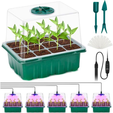 5 piezasBandeja para plántulas de interior con tapas elevadas y luz solar de espectro completo. Invernadero de interior con tapa y ventilación para el cultivo de semillas.
