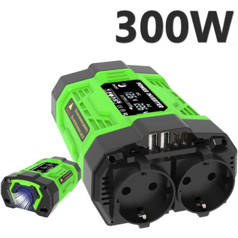 Inversor de corriente para coche de 300 W, adaptador de CC 12 V a CA 220 V, convertidor con 2 puertos USB, 2 adaptadores tipo C y 2 tomas de CA. (1/5)