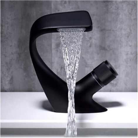 Grifo de lavabo de lujo negro, moderno grifo de cascada de latón, grifos de baño, montaje en cubierta, grifo mezclador de agua fría y caliente (con mangueras)