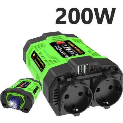 Inversor de corriente para coche de 200 W, adaptador de CC 12 V a CA 220 V, convertidor con 2 puertos USB, 2 adaptadores tipo C y 2 tomas de CA. (1/5)