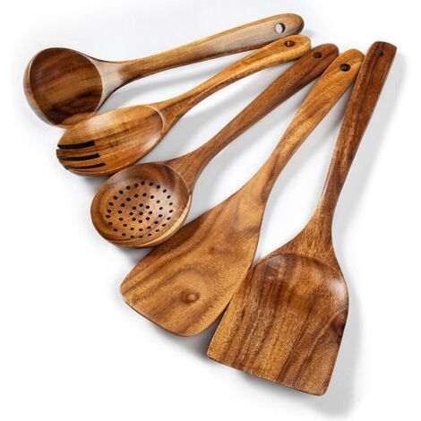 Utensilios de cocina de madera - Juego de cocina premium de 5 piezas - Fácil de limpiar - Material ligero, resistente al calor, duradero y resistente a los arañazos (1/5)