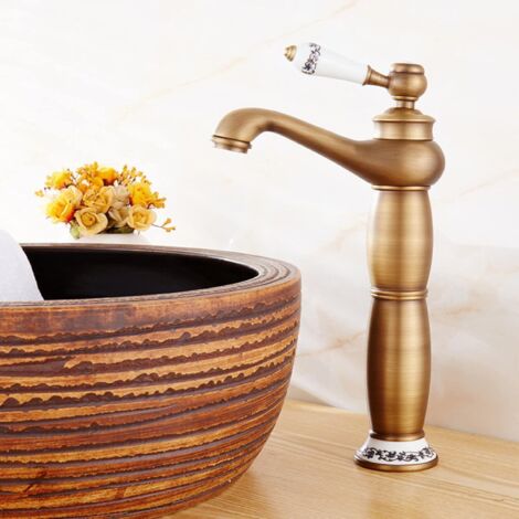 Grifo de lavabo antiguo de latón vintage con manija alta para baño, con agua caliente y fría, mezclador monomando giratorio de 360°, amarillo (con mangueras) (1/4)