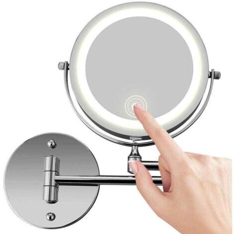 Espejo de maquillaje de pared, espejo de tocador de baño con luz LED de doble cara y aumento de 10X, giratorio 350°, recargable por USB y brazo extensible de 7 pulgadas, cromado. (1/4)