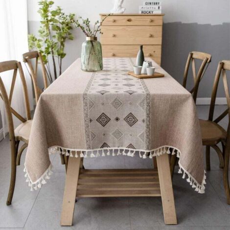 Mantel rectangular antimanchas (cuadrado marrón, 140 x 220 cm) de lino de algodón, mantel bordado, elegantes manteles estampados en estilo chino para la decoración de mesas en el (1/4)