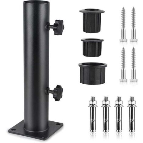 Soporte para sombrilla, tubo para sombrilla, soporte metálico ajustable con 3 anillos reductores de PVC (32/38/48 mm), tubo para sombrilla con 8 clavos de acero, color negro (1/4)