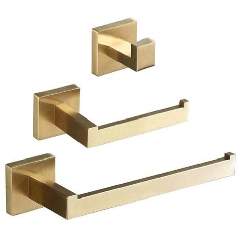 Juego de baño de 3 piezas para montar en la pared, toallero/portarrollos/gancho, oro cepillado