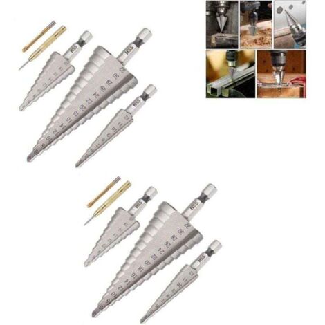 Brocas escalonadas para metal (3 unidades), avellanador triangular cónico de titanio HSS de 4 12/20/32 mm, vástago hexagonal para acero, madera, latón, aluminio y PVC. Incluye punzón central y broca h (1/4)
