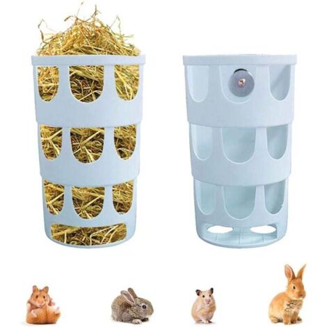 Paquete de 2 comederos de hierba, comederos de heno, comederos de heno para conejos, comederos de plástico, comederos colgantes porosos, para cobayas, chinchillas y conejos, color azul