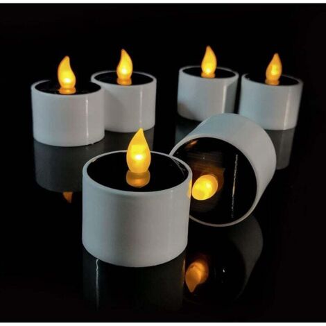 Paquete de 6 velas LED sin llama, realistas y brillantes, con energía solar, velas votivas artificiales para fiestas, cumpleaños, bodas y Navidad. (1/4)
