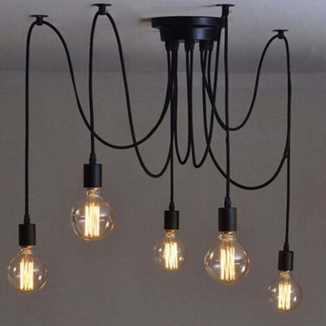Lámpara colgante Edison de techo ajustable de 2 metros, lámpara de araña con jaula de alambre de metal, lámpara colgante moderna industrial (bombilla no incluida) (5 brazos)