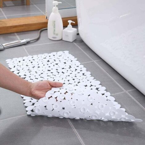 Alfombrilla de ducha antideslizante, rectangular, de guijarros, con ventosa, antihongos (blanca, 88×40 cm) (1/4)