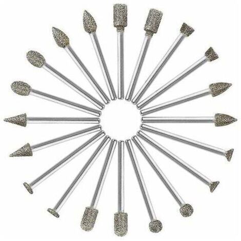 Fresas de diamante, 20 piezas de fresas rotativas de diamante (taladro/cabezal/punta de diamante) con vástago de 3 mm para herramienta rotativa Dremel (esmerilado, pulido, grabado de bricolaje), Super
