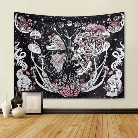 Tapiz colgante de pared de 130 x 150 cm con diseño de setas y mariposas, ideal para decoración de la naturaleza, colcha, funda de cama para el hogar, sala de estar, dormitorio y decoración del hogar. (1/4)