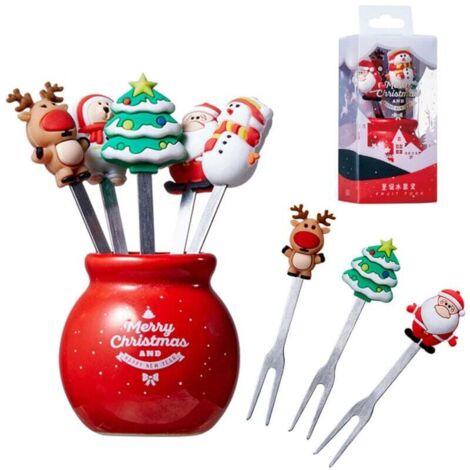 Tenedor de silicona para fruta, ensalada, de acero inoxidable, para Navidad, para niños, con portavasos de cerámica, reutilizable, regalo